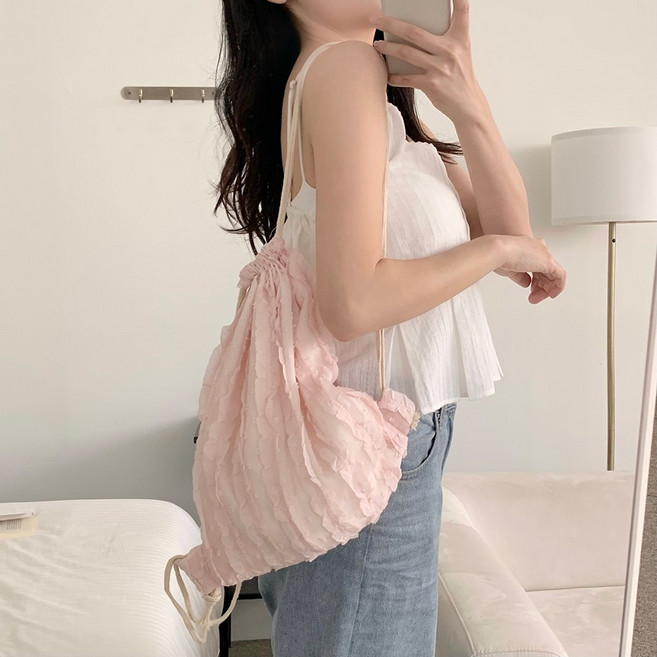 여성 러블리 도트 셔링 레이스 프릴 짐색 학생 보부상 파우치 캔버스 에코백 캔버스백 백팩 스트랩백 미니 수납백 가방 가벼운 천가방 조리개백 데일리 코디