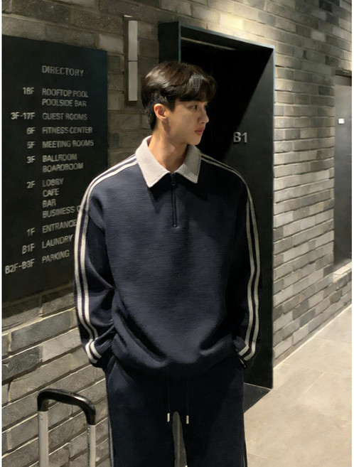 ANYOU 남성용 긴팔 스트라이프 맨투맨 트레이닝 세트 캐주얼 트레이닝 상하의 세트