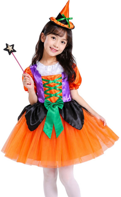 萱寶媽咪baby童裝館 現貨萬聖節服裝兒童表演服歐美幼兒園造型禮服角色扮演南瓜巫婆女巫蝙蝠連身裙女童連身裙短袖連身裙造型連身裙兒童萬聖節裝扮服裝