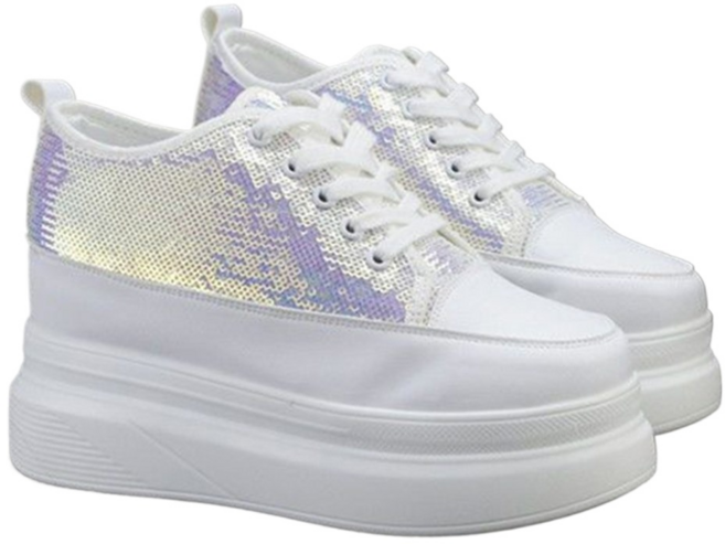 LRY키높이 10cm 스팽글 화이트 슈즈 여성 캐주얼화 봄가을 통굽 송편화 통기성 단화 *23N9F28L