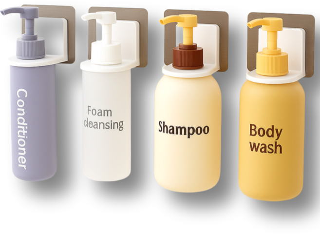 [무타공 설치] 곽씨네슈퍼 화장실 샴푸 거치대 공중부양 샴푸걸이 디스펜서 홀더, 4개, 화이트+실버