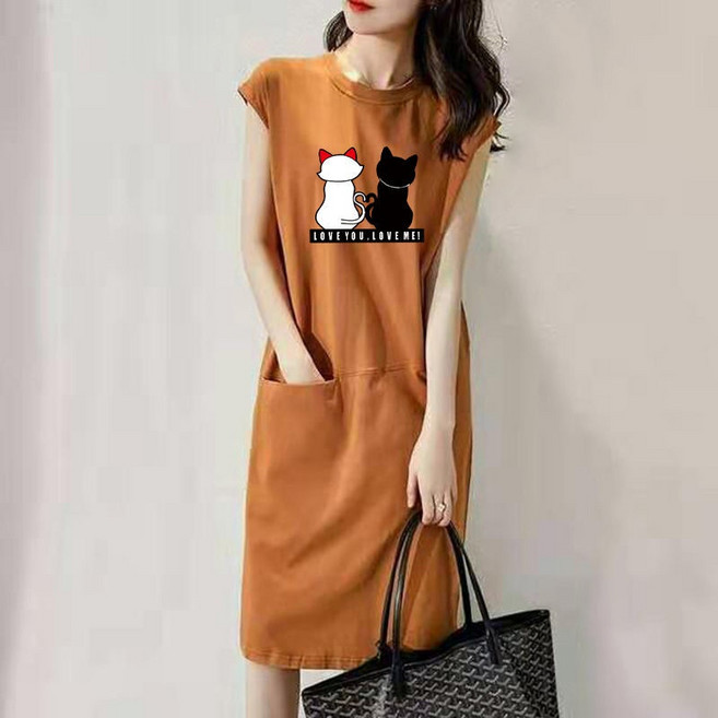 Your 寬鬆顯瘦卡通無袖連衣裙, 卡其色黑白貓 95#,4XL 建議【77-85】公斤