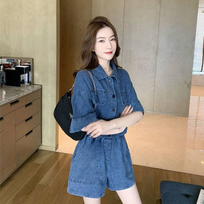 여성 유럽 하이엔드 얇은텐셀 여름 데님반팔 캐주얼 세트 I