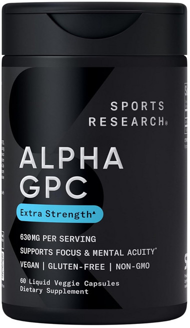 SPORTS RESEARCH Alpha GPC 高強度 630mg 液體素食膠囊, 60錠, 1個
