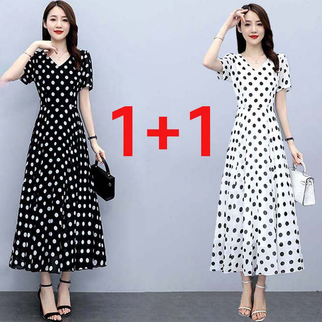 중년 여성 여름 도트 패턴 반팔 롱 원피스 엄마룩 캐주얼 데일리룩 휴양지 시원한 부드러운 원피스 날씬해 보이는 치마