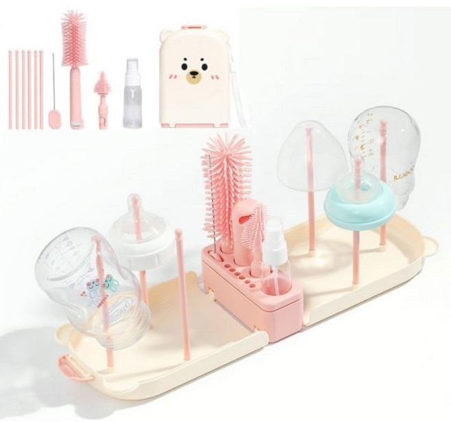 6 In1 젖병 브러시 키트 빨대 브러시가 포함된 휴대용 실리콘 병 브러시 클리너 세트 니플 브러시 건조대 비누 디스펜서 여행 또는 가정용 보관 가방 컴팩트 및 공간 절약핑크, Pink