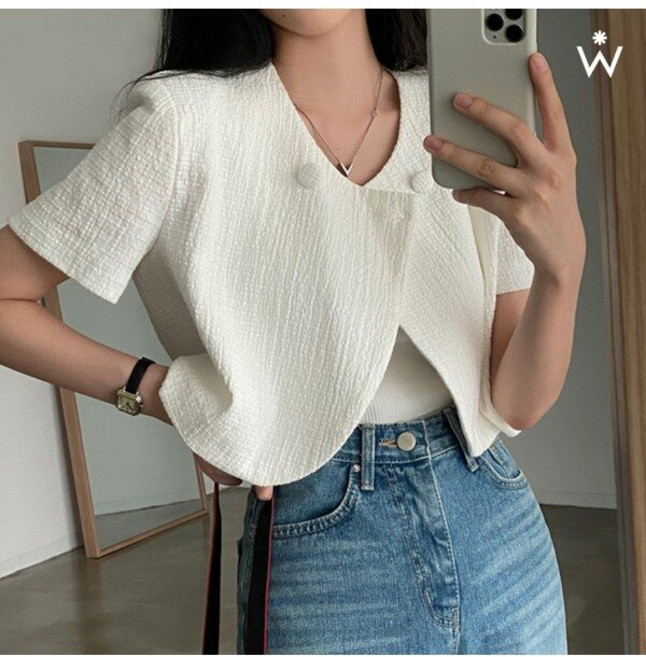 위시드 노카라 더블 버튼 썸머 여성 반팔 자켓 (WIAAJK067)