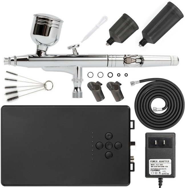 2025 베이직 55PSI 에어브러쉬 키트 프로페셔널 듀얼 액션 에어브러시 건 7단 조절식 에어컴프레셔 포함, 25PSI-55PSI블랙, 1개