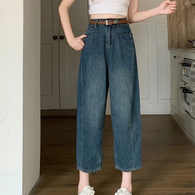 페이준 여성 봄 여름 심플 하이웨스트 8부/9부 데님 빅사이즈 와이드 청바지 YJ5633