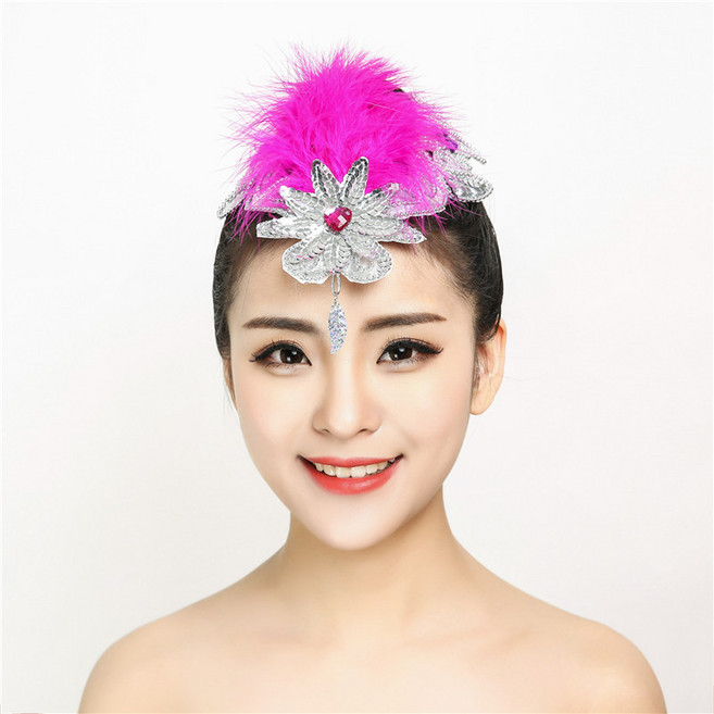 깃털 헤어장식 30색 머리장식 티아라 무용 무대 악세사리 라틴댄스 공연 드레스, 버드나무 잎에 펜던트로 장미빛
