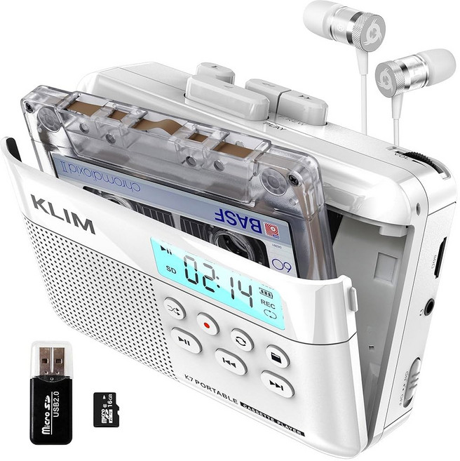 KLIM K7 카세트 테이프 플레이어 - 카세트에서 MP3로 변환기 휴대용 내장 마이크 및 스피커 충전식 배터리 이어폰 16GB SD 카드 흰색, White