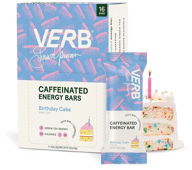 버브 카페인 에너지 바 생일 케이크 (26g 16팩) 110칼로리 맛있는 저설탕 - 80mg 녹차 카페인이 함유된 글루텐 프리 이동 중 간식 한 실제 식품 성분, Birthday Cake - 쿠팡