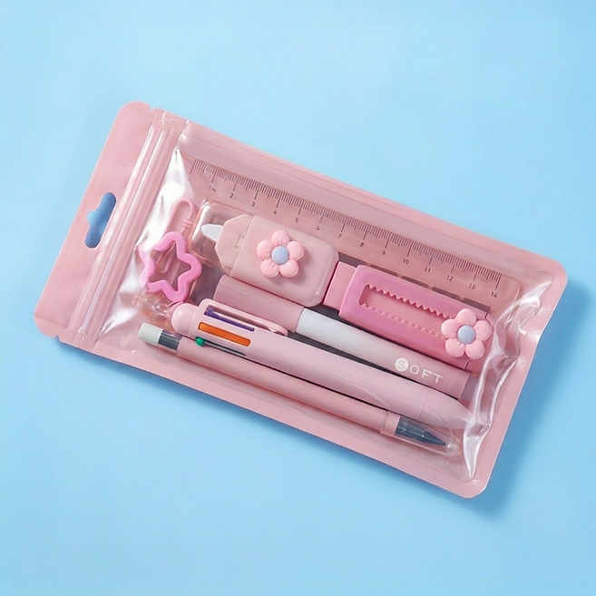 구디백 답례품 유치원 초등 어린이 생일선물 7종 학용품 문구 세트, 핑크, 1세트