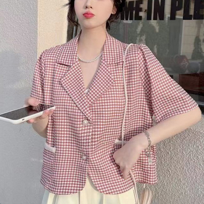 TIRA 여성 체크 반팔 자켓 여름 오버핏 버튼 브이넥 오피스 캐주얼 데일리
