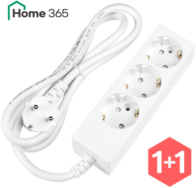 1+1 홈365 10A 국산 안전 접지 일반 멀티탭 3구, 10A 일반 3구 화이트, 2개, 1.5m