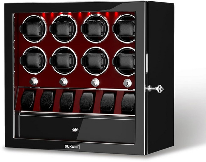 4/6/8 자동 시계용 DUKWIN 시계 와인더 홀더 및 보석 보관함이 있는 잠금식 고광택 마감의 초조용한 모터 내장 조명