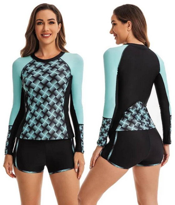 긴팔래쉬가드 수영복세트 자외선차단 여성용 긴팔 수영복 투피스 래시가드 집업 패딩 셔츠 차단 탱키니 상의 및 하의, 121051