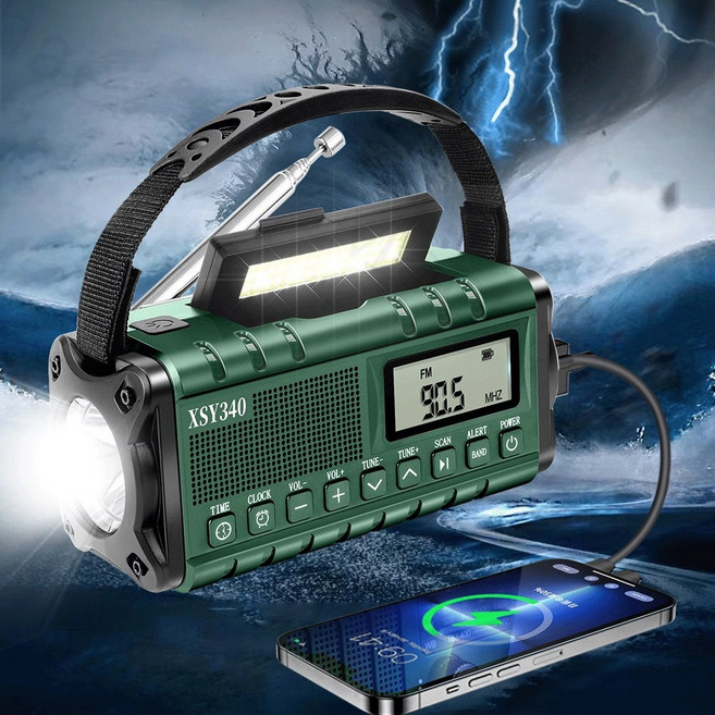 Mochae 비상라디오 자가발전 재난 방지 손전등 FM AM 수동충전 태양열 발전라디오 휴대용 재난용품, 그린
