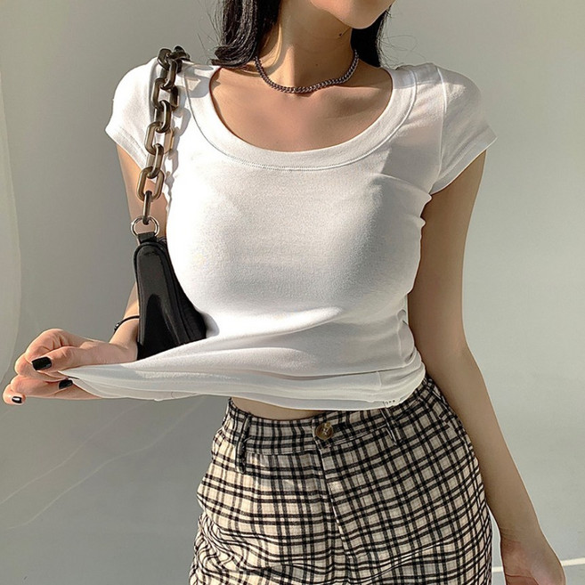 여성 스퀘어넥 슬림골지 스판 면티 U넥 타이트 이너 반팔티셔츠