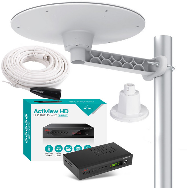 UHD 지상파 TV 안테나 셋톱박스 수신기세트 1.5~10M 케이블 포함 차량용 가정용 캠핑용 농막용, AP13HD01(원반형 화이트), 1개