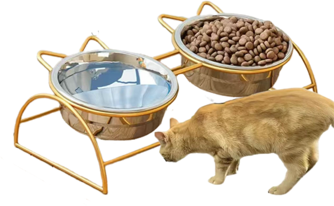 스테인레스 스틸 고양이 밥그릇 2구 전복방지 고양이물그릇 개밥그릇 애견식기 2pcs, 금, 14.7*5cm*2개