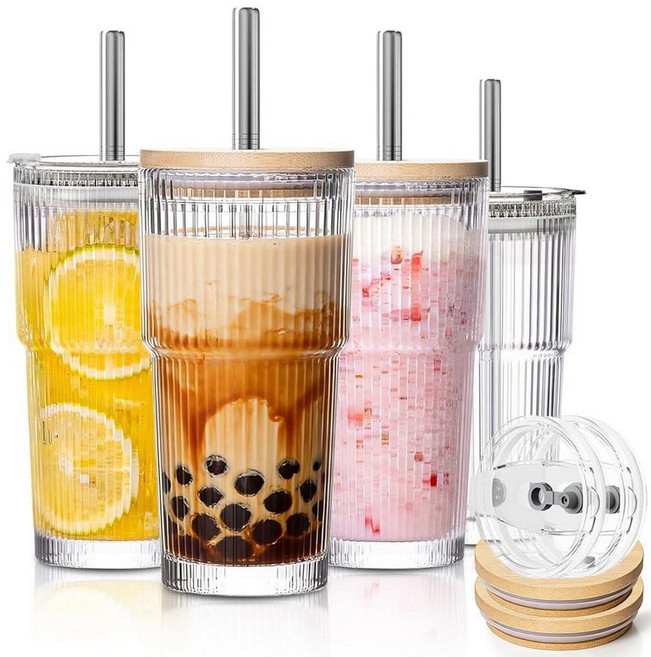 KEMORELA 대나무 및 2 in 1 누출 방지 뚜껑이 있는 591.5ml(20온스) 골지 유리 텀블러 엑스트라 와이드 13mm 재사용 가능한 스테인리스 스틸 빨대 보바, Premium-4Pack