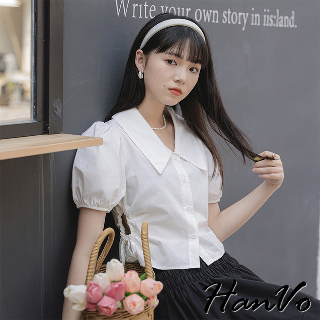 HanVo 側邊簍空抽繩短版襯衫 韓系質感百搭修身襯衫 女生衣著 A01-0069