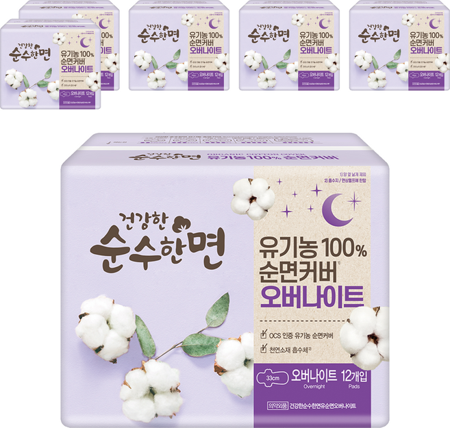 순수한면 생리대 날개형, 오버나이트, 12개입, 6개