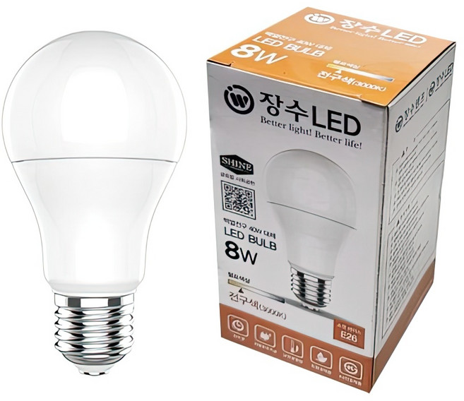 장수램프 LED 벌브 전구 8W 전구색 A19 E26 램프 다마, 1개