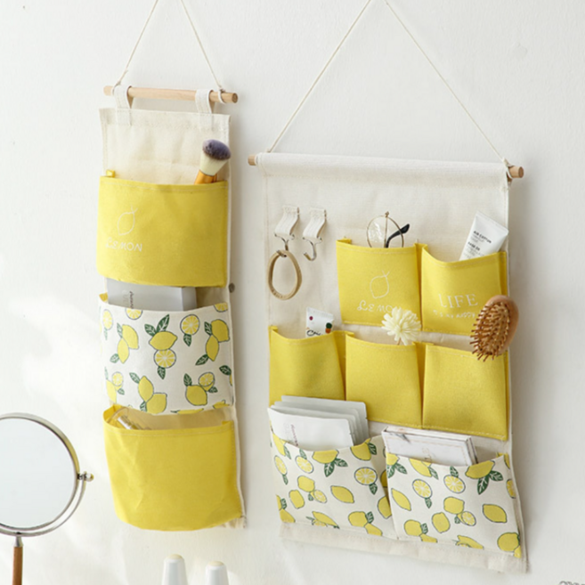 일상채움 린넨 벽걸이 다용도 수납 정리 포켓 2종 세트, 옐로우