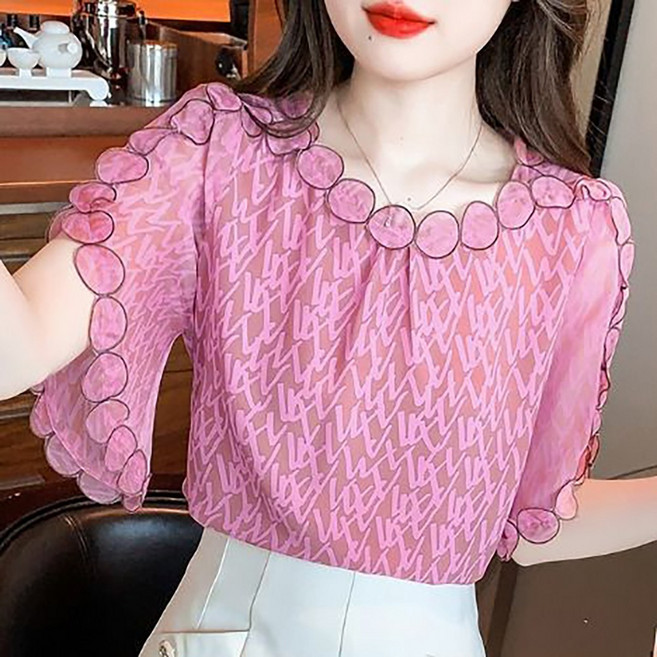 로르카 여성 라운드넥 프릴 셔링 프린트 입체 장식 반팔 얇은 루즈핏 캐주얼 쉬폰 블라우스 R0031601
