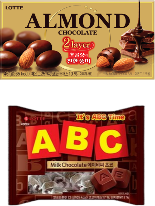 당충전 초콜렛 2종 세트 ABC 초콜릿 72g + 아몬드 초코볼 46g 2개씩 혼합세트, 1세트, 236g