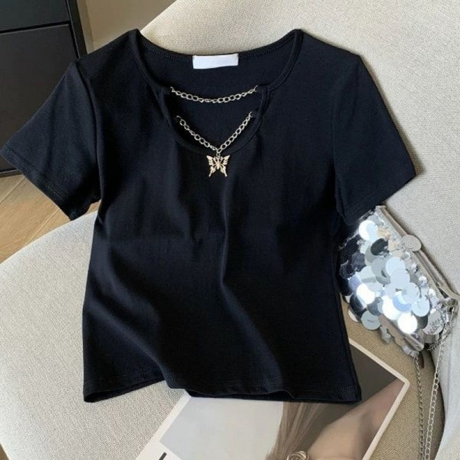 해피유통어린이 여아 체인 장식 반팔 티셔츠 패셔너블 개성 디자인14세 이상 XG03