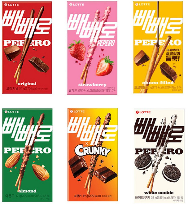 롯데 빼빼로 6종 세트 오리지날54g 초코필드53g 크런키39g 아몬드37g 화이트쿠키 37g 딸기7g