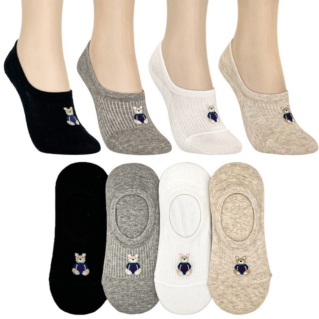 수한양말 여자 골지 페이크 삭스 덧신 곰돌이 8켤레