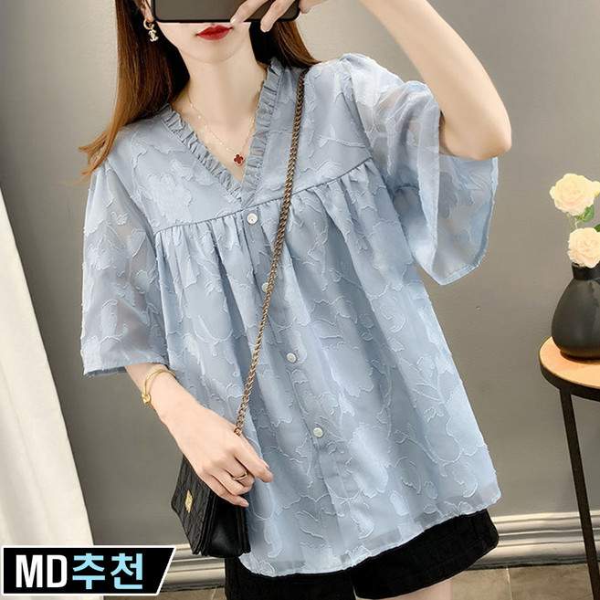 와우MD 여름 여성 오버핏 빅사이즈 반팔 브이넥 레이스 프릴 쉬폰 블라우스