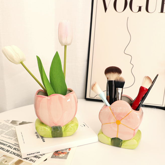 Starry Sea 귀엽고 정교하다 핑크 도자기 장식 꽃병 2종세트 다용도 도자기수저통 메이크업브러쉬통, 분홍색, 1세트