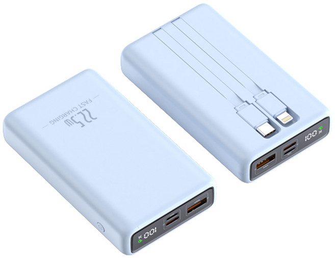 DONNENG 25000mAh 快充行動電源 22.5W 自帶線 數字顯示, 藍色-25000mAh, 機身外觀標示Wh&CCC標識