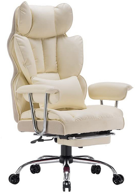 중역용 리클라이너 컴퓨터 게이밍의자 메쉬 등받이 조절 편안한 사무용 가죽의자, 화이트