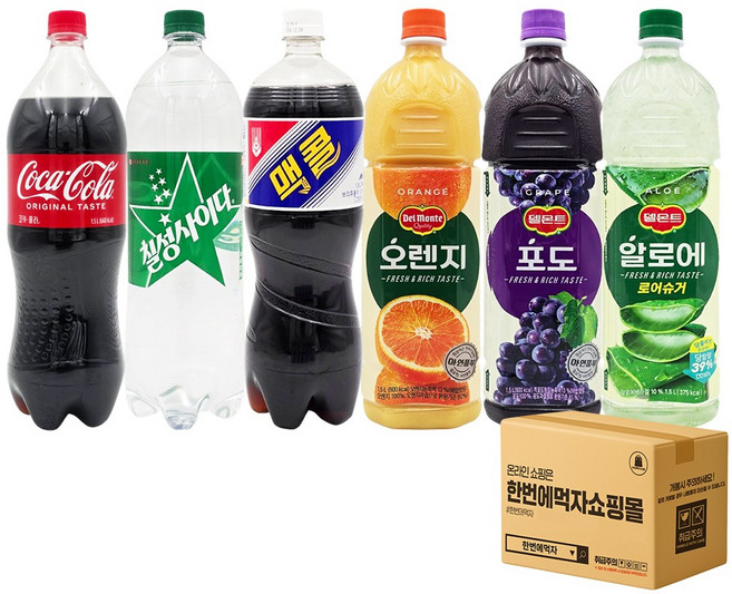 [한번에먹자] 1.5L 탄산 과즙음료 혼합세트 / 코카콜라 + 칠성사이다 + 맥콜 + 델몬트 오렌지 + 델몬트 포도 + 델몬트 알로에 로우슈거 / 각1개씩, 6개