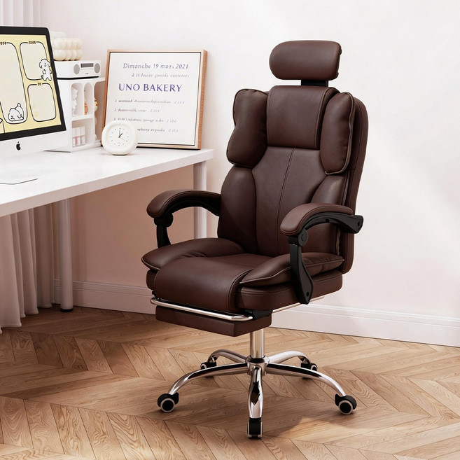 Takata 게이밍 의자 침대형 인체공학 발받침대 리클라이너 고급 인조가죽 사무용 컴퓨터 의자, 브라운