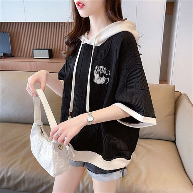 TKX 여성용 후드 반팔 티셔츠 캐주얼 루즈핏 배색 디자인 빅사이즈 데일리룩 프린트 심플 면 혼방