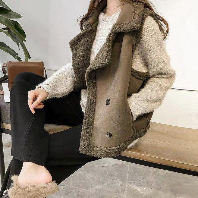 【Helena】翻領羊羔毛背心 無袖麂皮絨仿皮革西裝領 韓版寬鬆顯瘦休閒百搭開衫毛衣馬甲【A2110】