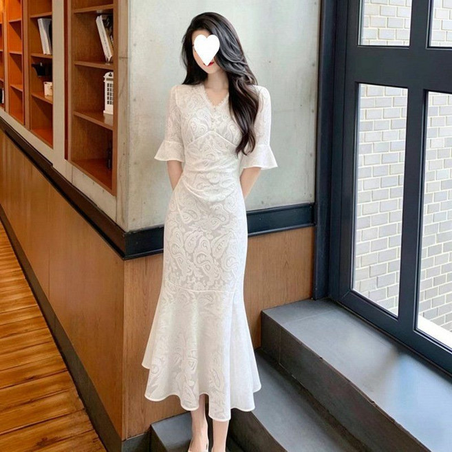 여성 프렌치 캐주얼 슬림핏 머메이드 롱 원피스 B01Z1E 카쥬1