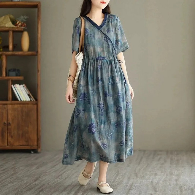 자칠 여성 생활한복 개량한복 원피스 빅사이즈 V넥 계량원피스