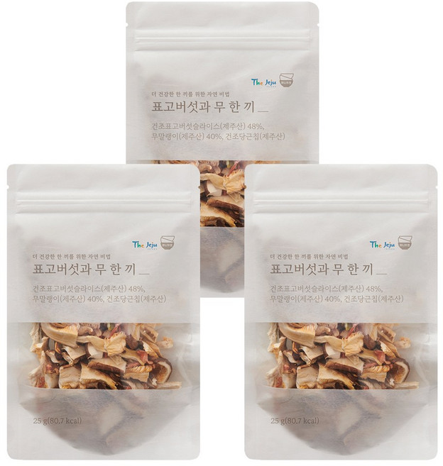 잇더밀 나물한끼 면역 밸런스를 채우는 웰빙 나물밥 재료 씻거나 불리지 않아도 되는 한끼 식사용 오곡 나물 믹스 파우치 ( 솥밥용 비빔밥용 건나물믹스), 3개, 표고버섯과 무 25g