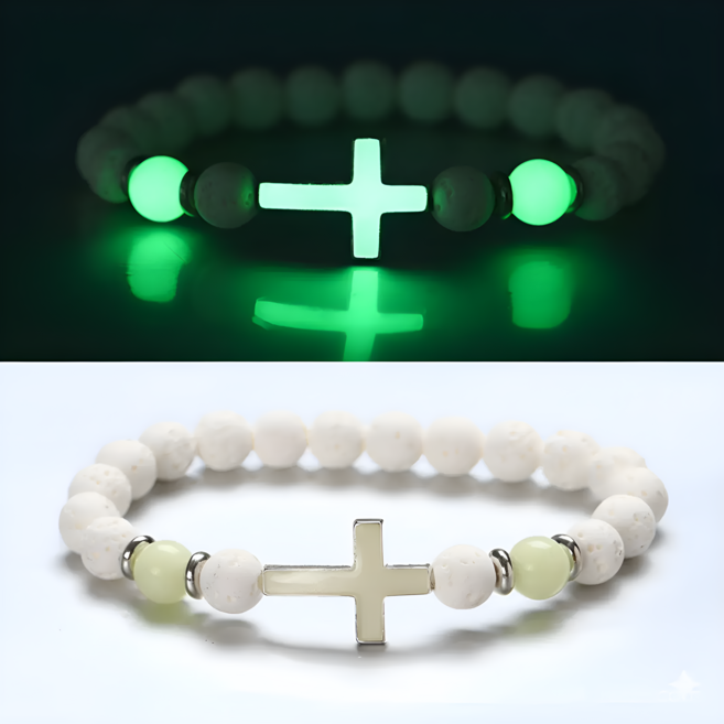 천주교 기독교 십자가 야광 기도 일상 화산석 묵주 팔찌 4종, 1개, 화이트 그린