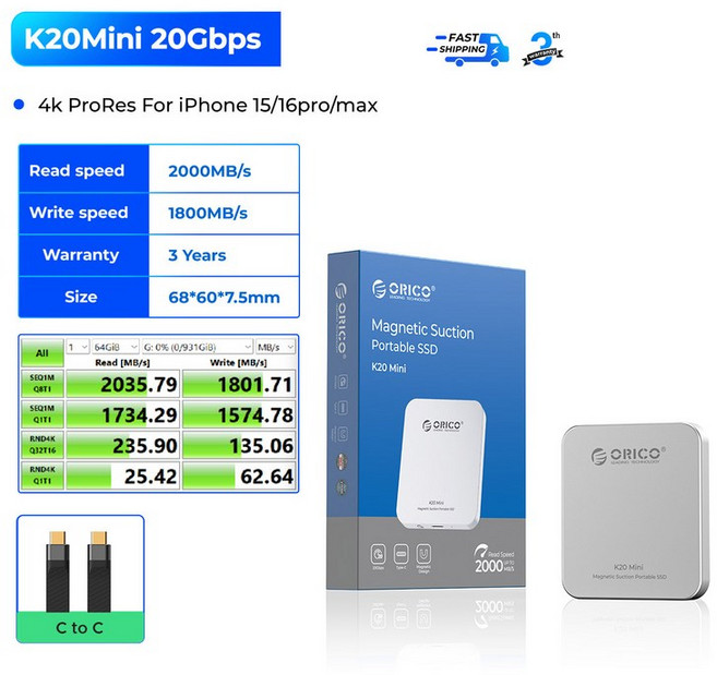 ORICO K20Mini iPhone 16 15 Pro/Max ProRes 2000MB/s 4K HDR 기록 및 저장 휴대용 솔리드 스테이트용 자기, 01 1 테라바이트, 02 Ultra Thin Silver, 1개