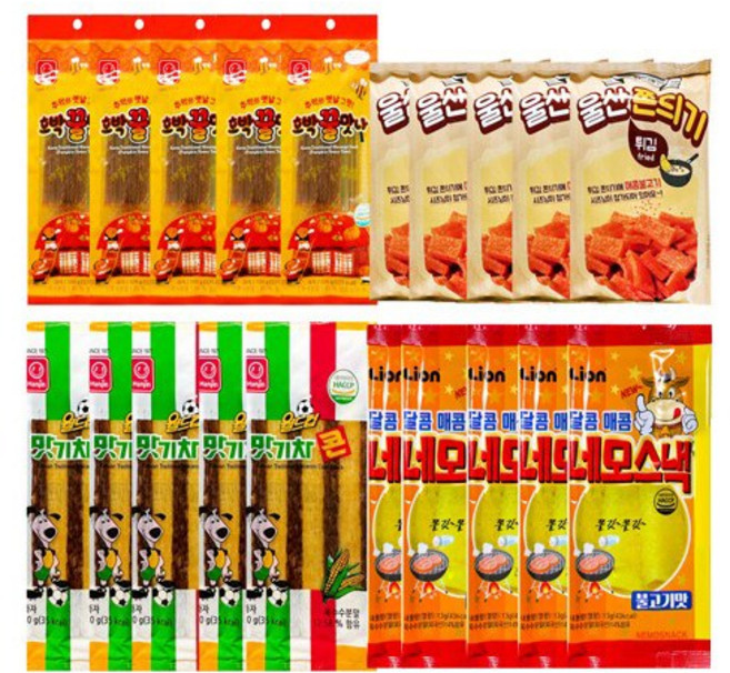 추억의 쫀드기 4종세트 호박꿀맛나5봉+맛기차콘5봉+울산쫀듸기5봉+네모스낵5봉, 1세트, 호박꿀맛나5개+울산쫀드기5개+맛기차콘5개+네모스낵5개
