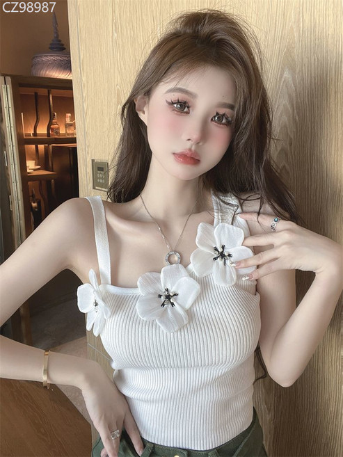 立體花朵吊帶背心女夏季新款短款上衣